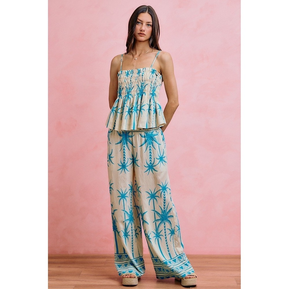 SO ME Palm Tree Smocked Bodice Adjustable Cami Top - Blue - Medium - Picture 10 of 16